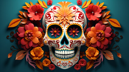 Di De Los Muertos, on a colorful flower background, sharp lines, ultra highly, Mexican holiday.