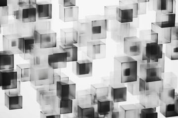 AI illustration of black translucent cubes on a white backdrop