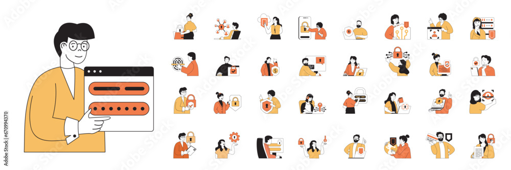 Aufkleber Cyber security concept with people situations mega set in flat web design. Bundle scenes of password access, protect personal data. Vector illustrations for social media banner, marketing material.