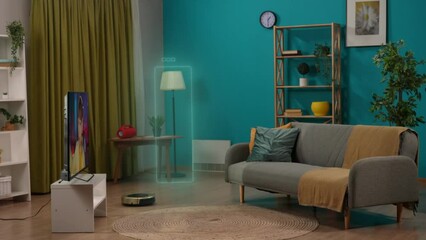 House living room with different modern devices turning on without person's involvement, visible digital infographic showing icons of every gadget. Smart home concept. - Powered by Adobe