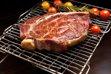 a t-bone steak resting on a metal grill rack