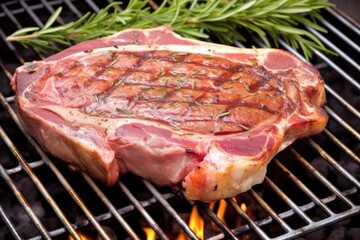 t-bone steak on a clean stainless steel grill, focus on grill marks