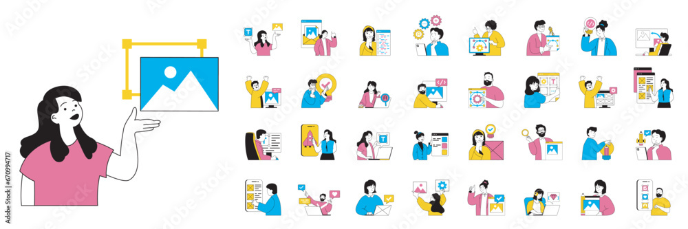 Leinwandbilder Design and development concept with people situations mega set in flat web design. Bundle scenes of graphic designing and coding. Vector illustrations for social media banner, marketing material.