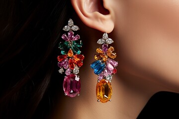 illustration of Colorful crystal earrings paired with gold and silve background,Generative ai