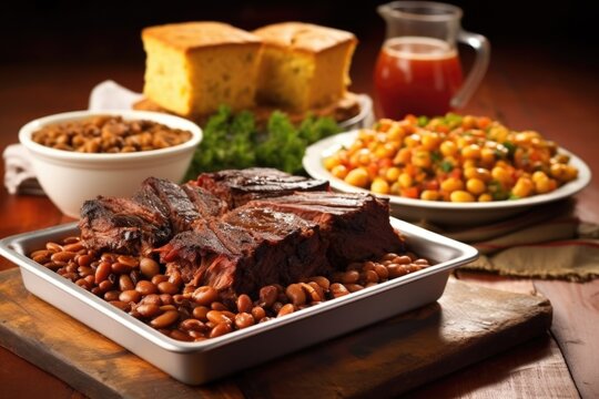 Platter Of Bbq Beef Ribs, Baked Beans, And Cornbread