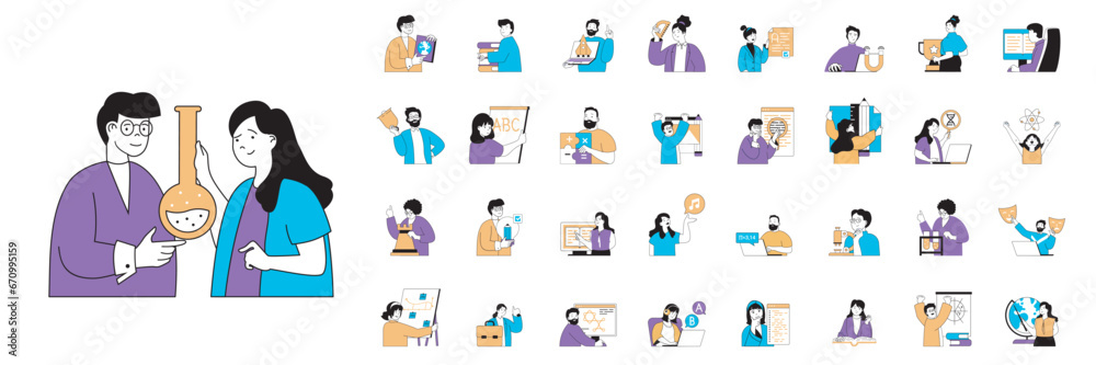 Aufkleber education concept with people situations mega set in flat web design. bundle scenes of studying cour