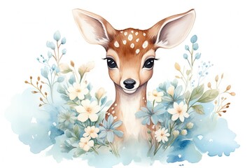 Peaceful Watercolor Painting of a Deer Amongst Blue and White Flowers