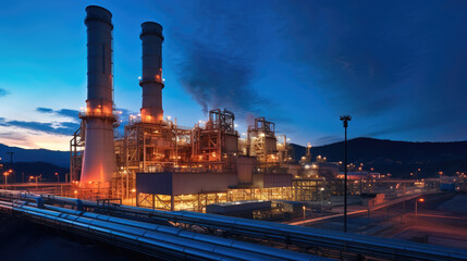 Combined cycle power plant at twilight - obrazy, fototapety, plakaty