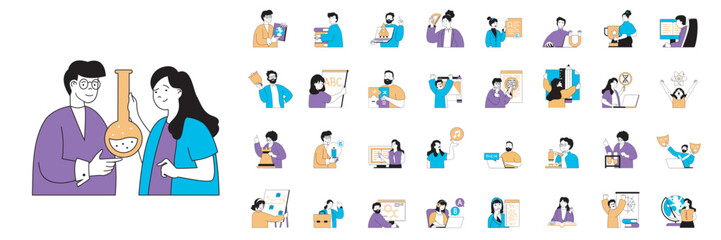 Education concept with people situations mega set in flat web design. Bundle scenes of studying courses, science research, e-learning. Vector illustrations for social media banner, marketing material. - obrazy, fototapety, plakaty
