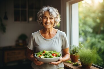 Active graceful Senior Women Smile and eat healthy food in the kitchen, retirement life 