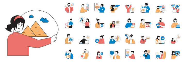Travel concept with people situations mega set in flat web design. Bundle scenes of summer journey and vacation trip with sightseeing. Vector illustrations for social media banner, marketing material.