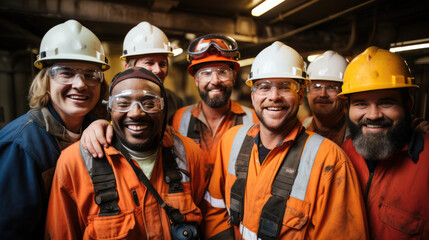 Group of offshore oil rig worker smiling and wearing personal protective equipment - obrazy, fototapety, plakaty