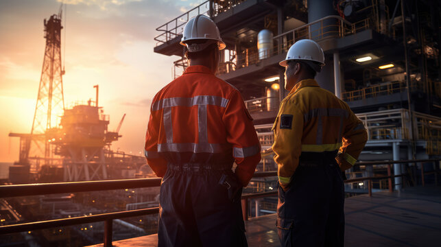 Group of offshore oil rig worker wearing personal protective equipment