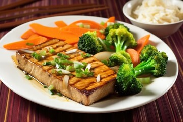 teriyaki tofu steak served alongside steamed vegetables