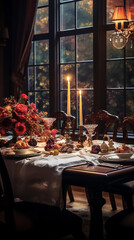 Fototapeta na wymiar A beautiful tables and chair with candle lights in the room for Thanksgiving dinner. Private dining