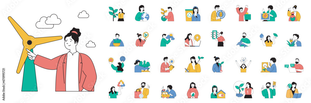 Aufkleber ecology concept with people situations mega set in flat web design. bundle scenes of alternative ene