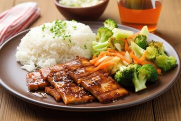 teriyaki tofu steak with side dish of cooked rice