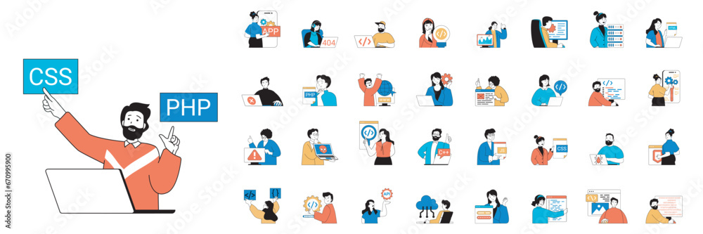 Leinwandbilder Programming concept with people situations mega set in flat web design. Bundle scenes of developers coding, creating apps or software. Vector illustrations for social media banner, marketing material.