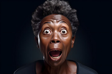 surprised adult African American woman, head and shoulders portrait on black background. Neural network generated image. Not based on any actual person or scene.