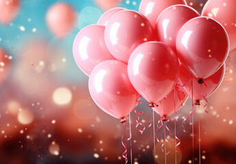 Pink air balloons bunch with gold confetti around on light background with free text copy space. Greeting card