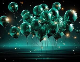 Silver transparent air balloons bunch with gold confetti around on background with free text copy space. Greeting card