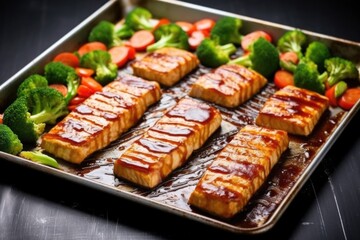 tofu steaks on a baking pan, glazed with teriyaki sauce