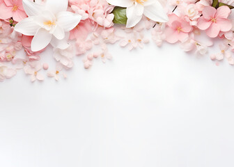 Fototapeta na wymiar Beautiful pink magnolia flowers on the stone background. Top view, flat lay. Spring minimalistic floral concept, copy space, frame