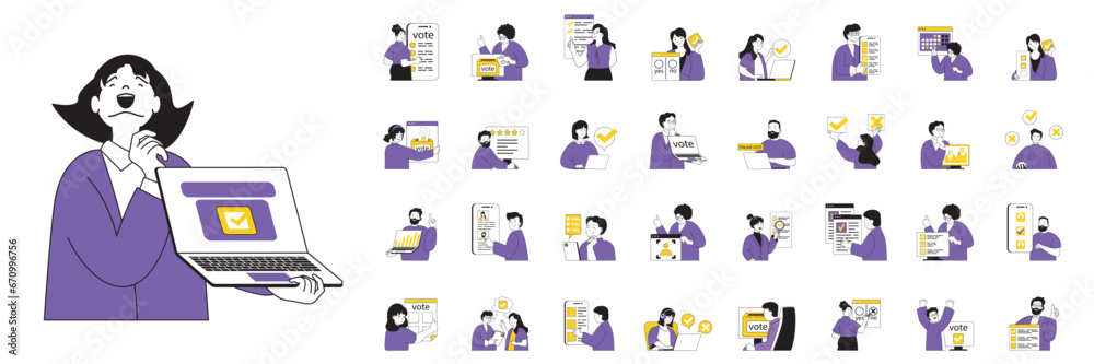 Aufkleber online voting concept with people situations mega set in flat web design. bundle scenes of election 