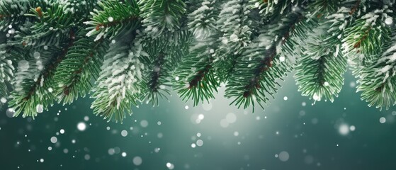 Fototapeta na wymiar close up snow-covered fir green branches and snowfall flakes, Christmas banner background, Generative AI