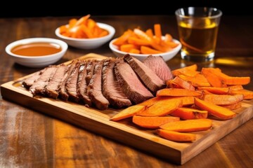 brisket slices with a side of salted sweet potato fries on a wooden dish