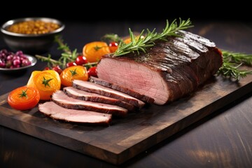 beef brisket slices placed on a black slate serving board