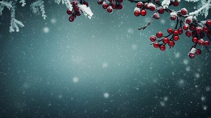 Beautiful Christmas snowy red berries on a winter background. Frame with copy space. Aspect ratio 16:9