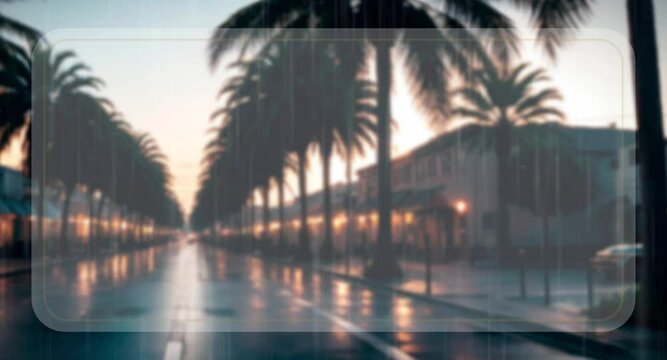 Blurred open space of a bedroom neighborhood. Evening street with palm trees. Screensaver with white area for motivational text, description or title. Video inset for text. 