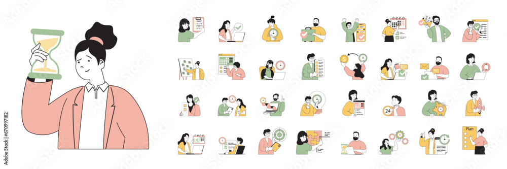 Poster time management concept with people situations mega set in flat web design. bundle scenes of plannin