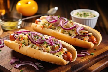 barbecued hot dogs with diced onions and relish on side
