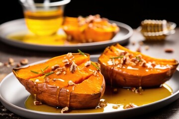 grilled sweet potato with maple syrup and pecans