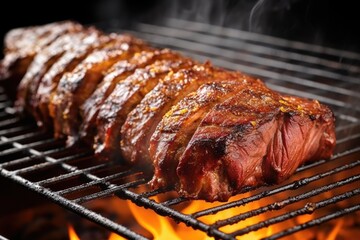 close-up of hot smoking bbq ribs on grill
