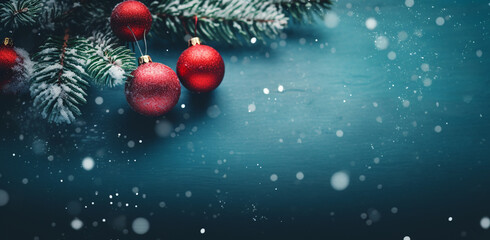 Beautiful Christmas pine coniferous branches on a winter background. Frame with copy space. Aspect ratio 16:9