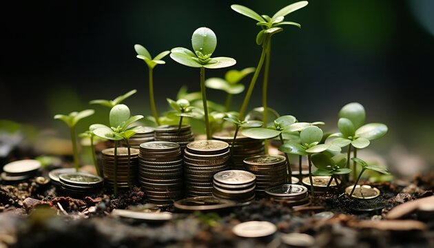 coins growing in a bowl. money grows with time, created by ai