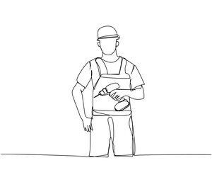 Builder with a screwdriver in working uniform, protective overalls, hard hat one line art. Continuous line drawing of repair, professional, hand, people, concept, support, maintenance.