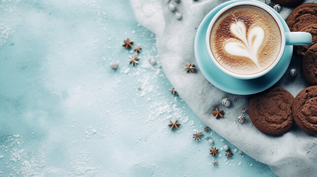 Beautiful Christmas hot chocolate and cookies on a winter background. Frame with copy space. Aspect ratio 16:9