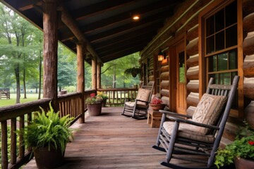 Fototapeta na wymiar weathered log cabin porch with rocking chairs