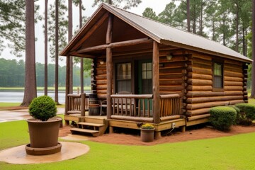 Fototapeta na wymiar log cabin with pine cones on its porch