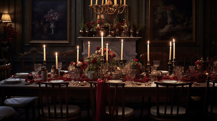 Fototapeta na wymiar A beautiful tables and chair with candle lights in the room for Thanksgiving dinner. Private dining