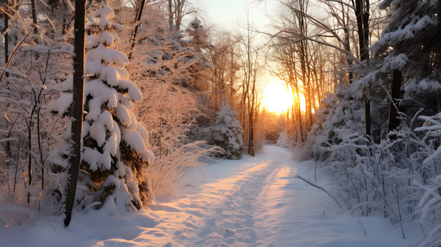 A snow-covered path in the woods,sunset in the anow forest