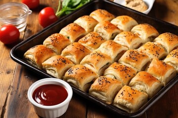 overhead view of a tray full of sliders with red bbq sauce