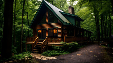 A peaceful mountain cabin nestled in the woods., cottage nestled in the woods, Home Through The Woods - obrazy, fototapety, plakaty