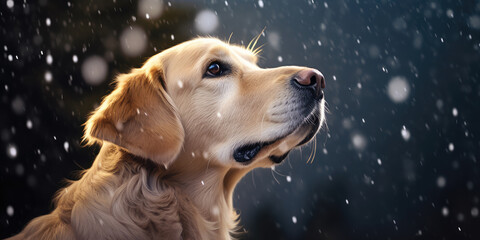 Dog looking curious and bewildered about the first snowfall. - obrazy, fototapety, plakaty