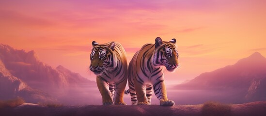 2 tigers walking orange purple pink sunset background on mountain - obrazy, fototapety, plakaty