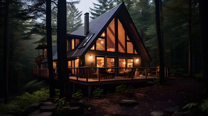A peaceful mountain cabin nestled in the woods., cottage nestled in the woods, Home Through The Woods - obrazy, fototapety, plakaty